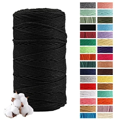 Afbeelding van Macramé katoengaren, 3 mm x 200 m, katoenen touw, kantdraad, touw voor knutselen, bruiloft en kerstdecoraties, plantenhangers (zwart)