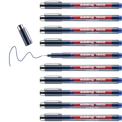 Afbeelding van edding 1800 precisiefineliner blauw 10 pennen lijnbreedte 0,35mm fineliner om precies te schrijven en schetsen fijne, in metaal gevatte punt geschikt voor liniaal sjablonen