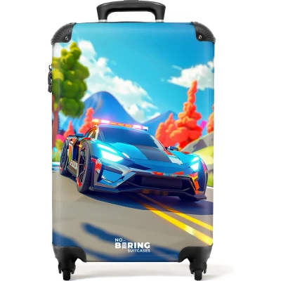 Afbeelding van NoBoringSuitcases.com® Handbagage koffer lichtgewicht Reiskoffer trolley Cartoon beeld van een politieauto in de natuur Rolkoffer met wieltjes Past binnen 55x40x20 en 55x35x25