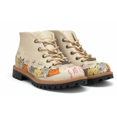 Afbeelding van Goby CatMood Boots Dames Veterboots Cartoon Katten Vegan Leer Handgemaakt Maat 37