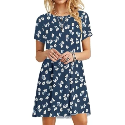 Afbeelding van MOLERANI Casual T shirt jurk met korte mouwen voor dames strand en zomer, Marineblauw bloemenpatroon., S