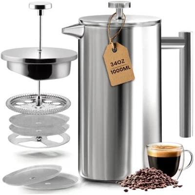 Afbeelding van KICHLY Roestvrij staal FRENCH PRESS/Franse Pers Koffiezetapparaat 34oz (1.0 Liter) met 3 Niveau Filtersysteem Dubbelwandige Geïsoleerde Cafetière 1 Extra Filter (Zilver)