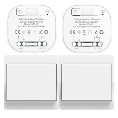 Afbeelding van Cerhot Draadloze lichtschakelaarset, zelfvoorzienend, afstandsbediening met knoppen voor wandschakelaar, led binnen en buitenverlichting thuis, zonder batterij (EU 2 x 1 snelheid +
