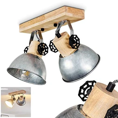 Afbeelding van plafondlamp Orny, van metaal/hout in zink/bruin, 2 vlam, met verstelbare spots, x E27 fitting max. 60 watt, spot retro/vintage design, geschikt voor LED lampen