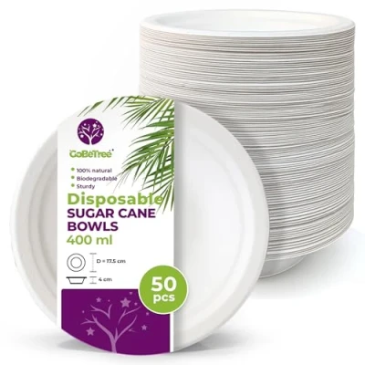 Afbeelding van 50 x 400 ml wegwerp papieren kommen voor suikerriet, extra sterk, biologisch afbreekbaar wegwerpservies, wit, feestjes en ontbijt, bagasse kommen.