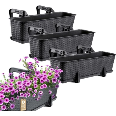 Afbeelding van KADAX Set van 3 bloembakken voor bloemen en kruiden, duurzaam kunststof, balkon (60 cm, bruin).