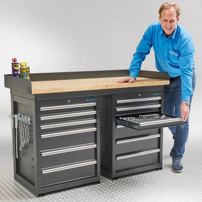 Afbeelding van Werkbank PRO met eiken werkblad en 12 lades 150 cm