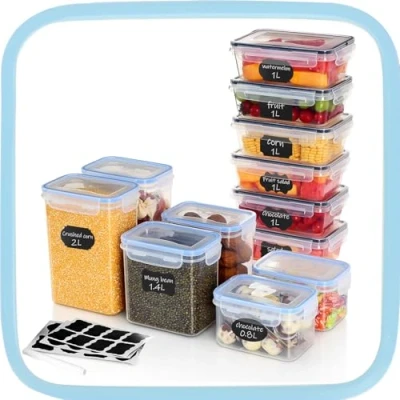 Afbeelding van Ordeluxe Set van 12 luchtdichte kunststof opbergdozen voor meel, ontbijtgranen, 6 x 1 l + 2 (2 1,4 0,8 l)