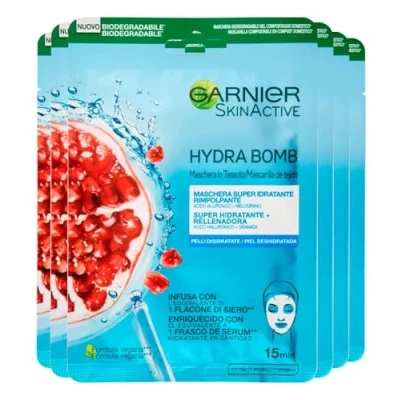 Afbeelding van Garnier SkinActive Hydra Bomb Gezichtsmasker, super hydraterend en voller, van stof met granaatappel hyaluronzuur, veganistische formule, 6 wegwerpmaskers