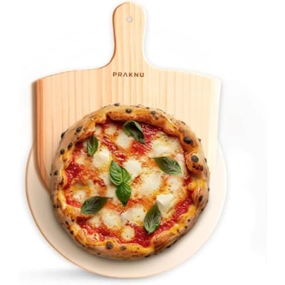 Afbeelding van pizzasteen voor oven, met pizzaschep van hout, cordieriet oven en barbecue, knapperige pizza&#039;s