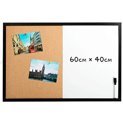 Afbeelding van DOEWORKS Magnetisch whiteboard 60 x 40 cm en kurkbord, droog uitwisbaar wandprikbord, kurkbord met zwart houten frame