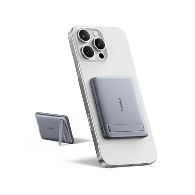 Afbeelding van Baseus PicoGo Mini Magsafe powerbank, 5000 mAh, 20 W, met opvouwbare houder, Qi2 gecertificeerd, externe accu, draadloos, magnetisch, compatibel iPhone 16/15/14/13/12/pro/pro Max serie