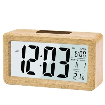 Afbeelding van LEAZZLE digitale wekker, houten wekker met sensormodules, tafelklok groot display, datum, temperatuurweergave, nachtlampje, klok sluimermodule, voor