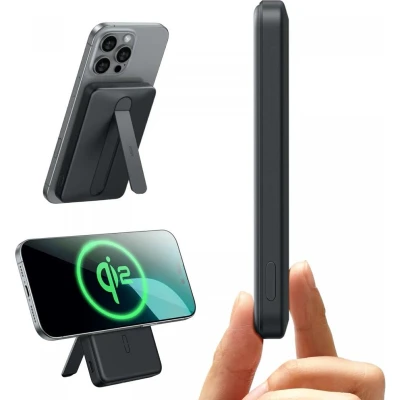 Afbeelding van ESR Qi2 MagSlim Kickstand 15W Magnetische Powerbank 5.000 mAh Compatibel met MagSafe en HaloLock Uitklapbare Standaard Zwart