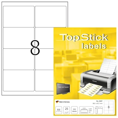 Afbeelding van TopStick 8407 A4 Adres etiketten (99,1 x 67,7 mm, 800 vellen, papier, mat) zelfklevend, bedrukbaar, universeel permanent hechtend, 6400 etiketten, wit