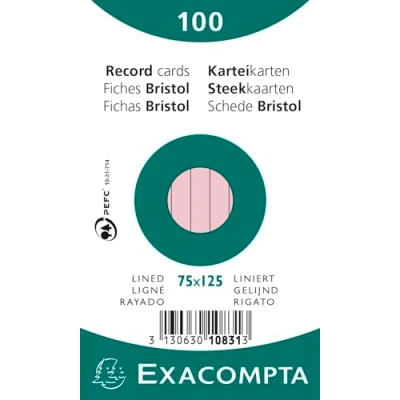 Afbeelding van Exacompta 10831 x verpakking met 100 indexkaarten in folie 7, 5 12, cm, gelinieerd, ongeperforeerd, roze