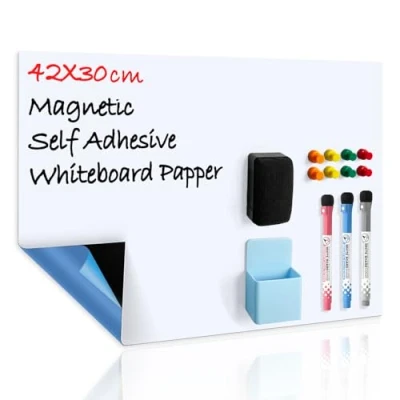 Afbeelding van CUHIOY Whiteboardfolie, magnetisch, zelfklevend, A3 voor elk glad oppervlak, met nieuwe vuilafstotende technologie, boodschappenlijstje koelkast, notitiebord kantoor, incl. 3 whiteboardstiften