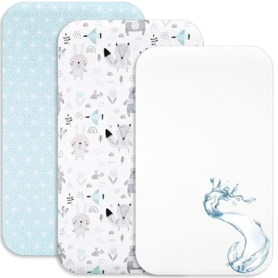 Afbeelding van Lovely Hippo Cododo hoeslaken + 1 matrasbeschermer, compatibel met Bébé 100% katoen matrasbeschermer waterdicht (blauwe dieren, 83 x 50 cm)