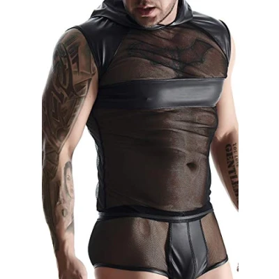 Afbeelding van Regnes Fetish Planet Wetlook &amp; mesh Heren mouwloos Zwart Maat M
