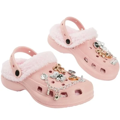 Afbeelding van CityComfort Clogs voor meisjes met fleecevoering en afneembare bedels, tuinschoenen, Lichtroze
