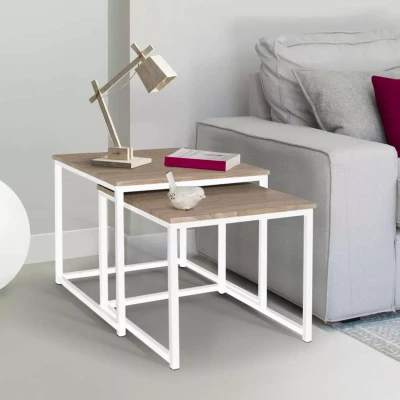 Afbeelding van Lot de 2 tables basses gigognes DETROIT 40/45 design industriel bois et métal blanc