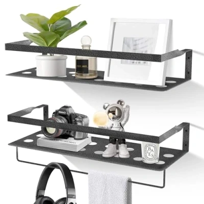 Afbeelding van Uten Set van 2 zwevende ijzeren wandplanken met handdoekstang voor slaapkamer, badkamer, woonkamer, keuken, thuiskantoor, wasruimte