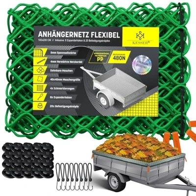 Afbeelding van KESSER® Aanhangernet, 1 x 2 m, rekbaar, fijnmazig, ophangnet, met trekkoord en netkoord voor het vastzetten van de lading, elastisch veiligheidsnet, markeringen