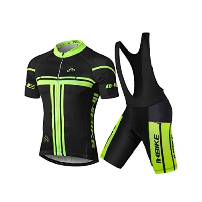 Afbeelding van INBIKE Cyslisme Herenshirt, korte mouwen + fietsbroek voor heren, fietsers, 3D gel, robuust kussen, wielersportkleding, ademend, sneldrogend, MTB, lente, zomer, Groene schouderband