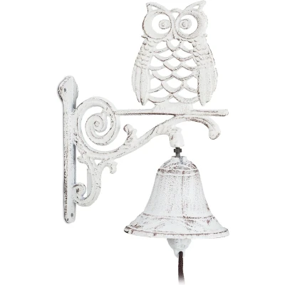 Afbeelding van Relaxdays deurbel gietijzer tuinbel uil wandbel vintage tuindecoratie buitenbel wit