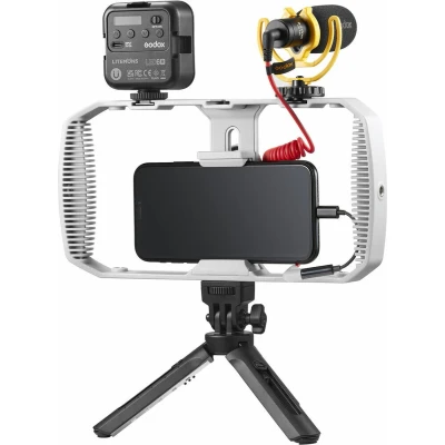 Afbeelding van Godox VK1 UC Vlogging Kit (USB C aansluiting) Inclusief: LED6R belichter Diffusor Bracket Microfoon Wind Cap Windscreen schuim Mini tripod Smartphone Rig Perfect voor vloggers