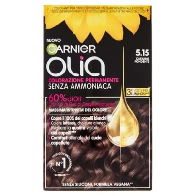 Afbeelding van Garnier Olia Haarverf, permanente haarkleur zonder ammoniak, delicate geur, dekt 100% van het witte haar, met bloemoliën natuurlijke oorsprong, veganistische formule, smeltende kastanjebruin