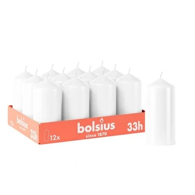 Afbeelding van Bolsius 12 stuks stompkaarsen, glad, wit, x 7 cm, decoratief, brandduur 33 uur, geurvrij, bevat natuurlijke plantaardige was, zonder palmolie