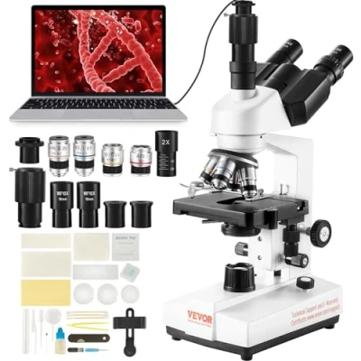 Afbeelding van VEVOR Samengestelde Trinoculaire Microscoop 40X 5000X Biologische Focus Grove en Fijne Precisie met Platina 2 Verdiepingen Interface voor Computer of Externe Scherm Onderwijs Onderzoek