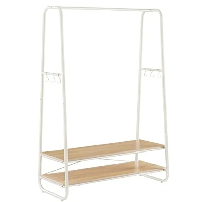 Afbeelding van VASAGLE RGR112W09 Kledingrek, kapstok, kledingkast, garderobe, met 2 planken, 6 S vormige haken en stalen frame, voor slaapkamer, kleur eiken crèmewit