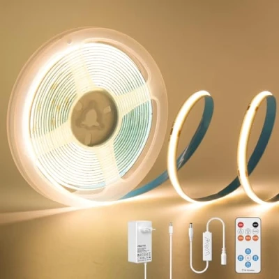 Afbeelding van PAUTIX Ledstrip, COB, warmwit, 2700 K, 3 m, 1440 leds, 24 V, CRI90+ set, COB lichtband, helder, dimbaar, met RF afstandsbediening en led voeding voor spiegel, plafond, keuken, kast, kast