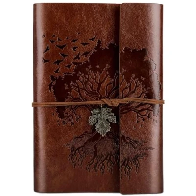 Afbeelding van PU lederen dagboek notebook, lege pagina&#039;s hervulbare vintage schetsboek reizen notebook cadeau voor meisjes jongens vrouwen mannen 9,2 x 6,5 inch bruin