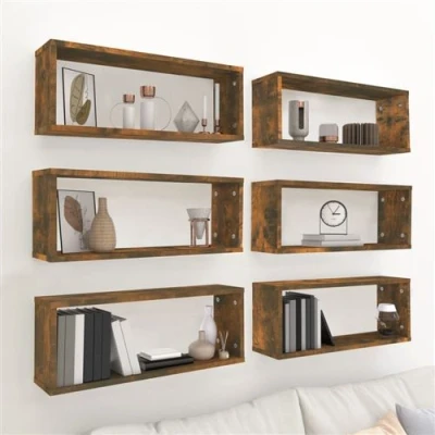 Afbeelding van Wandschappen kubus 6 st 60x15x23 cm bewerkt hout gerookt eiken