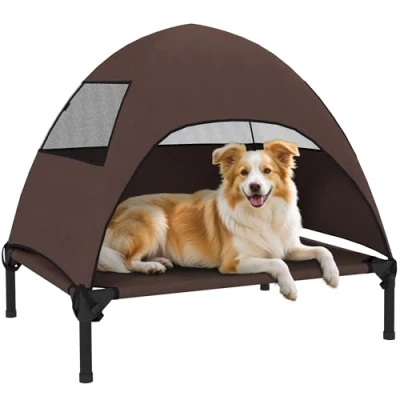 Afbeelding van PawHut lit d&#039;extérieur pour chien avec toit, surélevé chiens de taille moyenne, rafraîchissant cadre en métal maille lavable, sac transport, l&#039;extérieur, camping, 76 x