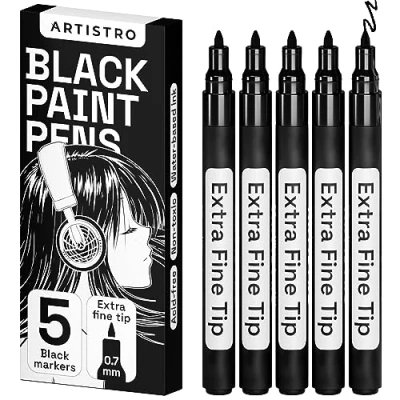 Afbeelding van zwarte verfpennen voor rotsschilderen, steen, keramiek, glas, hout, band, stof, metaal, canvas, set van 5 markers op waterbasis acrylverf extra fijne punt