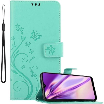 Afbeelding van Cadorabo Hoesje geschikt voor Samsung Galaxy A20s in BLOEMEN TURKOOIS Beschermhoes bloemmotief met magnetische sluiting, standfunctie en kaartsleuven Book Case Cover Etui