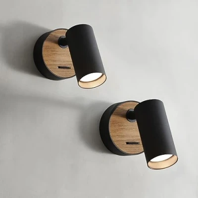 Afbeelding van ouglres Zwarte wandlamp met schakelaar, 2 verpakkingen houten wandlampen, retro design, van aluminium, voor binnen, compacte verlichting woonkamer, slaapkamer, Gu10 (lamp niet inbegrepen)