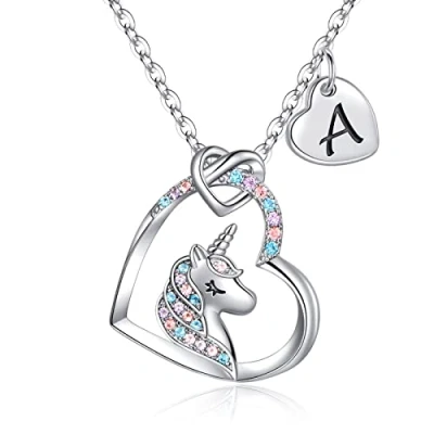 Afbeelding van TINGN Eenhoorn halsketting voor meisjes, 14 karaat witgoud, harthanger, initiaal A Z, eenhoorn, letter, ketting, sieraden dames, Goud, Zirkonia