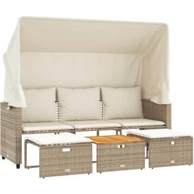 Afbeelding van Tuinbank 3 zits met luifel en voetenbanken poly rattan beige