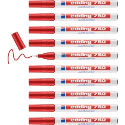 Afbeelding van edding 780 markeerstiften, rood, 10 stiften, ronde punt, 0,8 mm, kleurmarker voor metaal, glas, rotsen of kunststof, hittebestendig, permanent en waterdicht