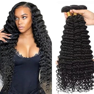 Image de Tuheerst Deep Wave Human Hair Bundles Natural Black Extensions Real Sew in Extension 3 Double Weft Remy Low Shedding for Woman 26 Inch