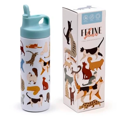 Afbeelding van Drinkfles Thermosfles RVS Feline Fine Katten Wit/Lichtblauw Flip Top 500ml 23x7x7cm