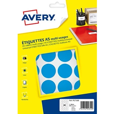 Afbeelding van Avery PET30B ronde markeringsetiketten, diameter 30 mm, blister van 240 stuks, lichtblauw markeringsetiketten