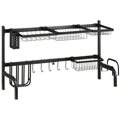 Afbeelding van HOMCOM Afdruiprek met 2 niveaus, 51 93 cm, haken, lekbak voor keukenspoelbak, staal, zwart