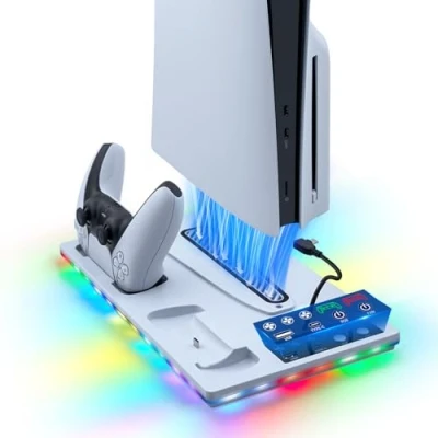 Afbeelding van Tolesum Verticale standaard met koeling voor PS5/PS5 Slim, dubbel laadstation 3 traps ventilator/RGB licht PS5 UHD &amp; Digital / Slim Disc