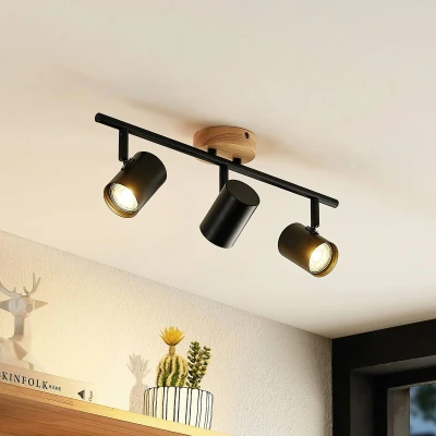 Afbeelding van Lindby plafondlamp Xiomara, 3 lamps, 68 cm lang, hout